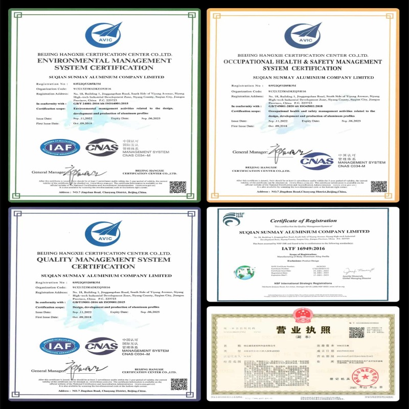 Quality certifications for Sunmay aluminum CNC machining services, including ISO 9001